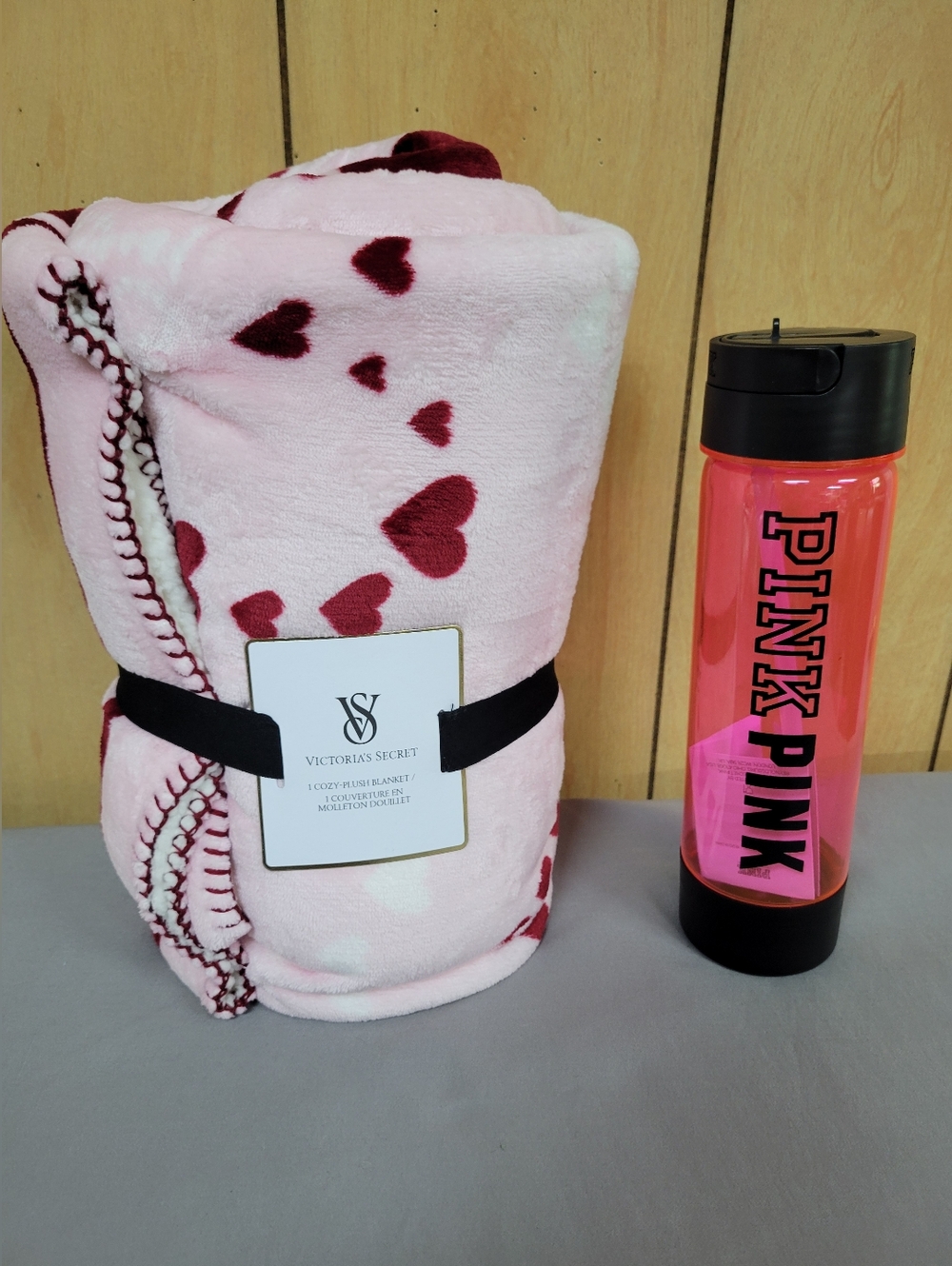 Victoria's Secret Plush Heart Blanket with PINK Campus Water Bottle